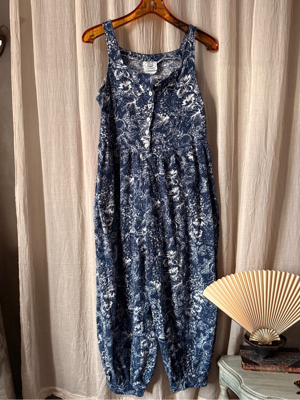 Vintage Laura Ashley Navy Floral delft balloon onesie jumpsuit romper 90s